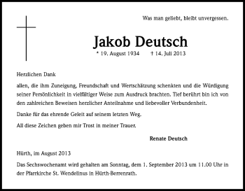 Anzeige von Jakob Deutsch von Kölner Stadt-Anzeiger / Kölnische Rundschau / Express