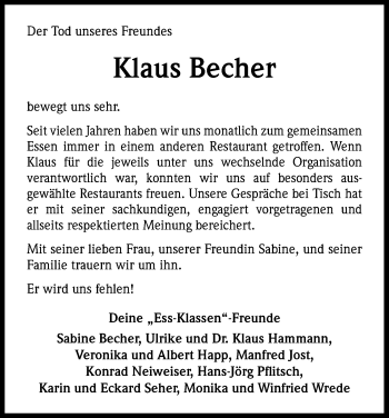 Anzeige von Klaus Becher von Kölner Stadt-Anzeiger / Kölnische Rundschau / Express