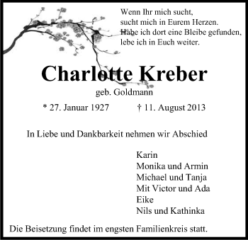 Anzeige von Charlotte Kreber von Kölner Stadt-Anzeiger / Kölnische Rundschau / Express