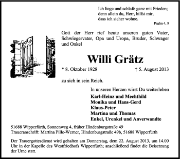 Anzeige von Willi Grätz von Kölner Stadt-Anzeiger / Kölnische Rundschau / Express