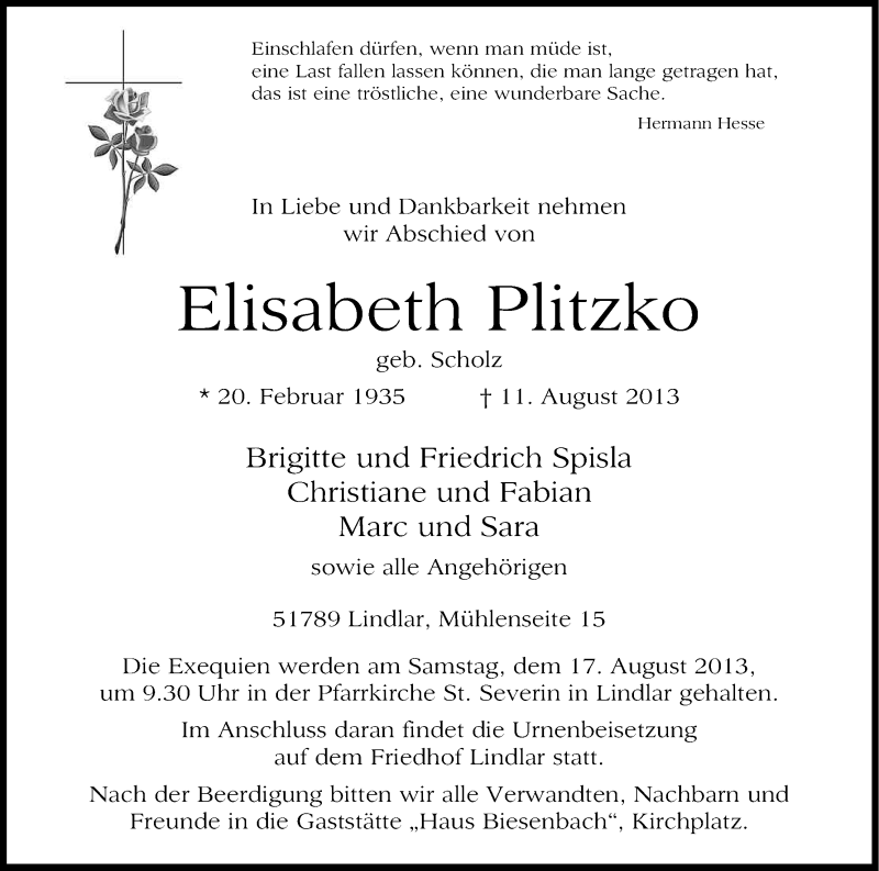  Traueranzeige für Elisabeth Plitzko vom 14.08.2013 aus Kölner Stadt-Anzeiger / Kölnische Rundschau / Express