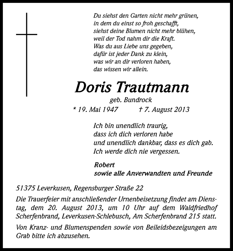 Traueranzeige für Doris Trautmann vom 14.08.2013 aus Kölner Stadt-Anzeiger / Kölnische Rundschau / Express