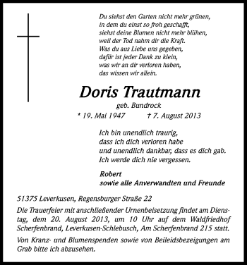 Anzeige von Doris Trautmann von Kölner Stadt-Anzeiger / Kölnische Rundschau / Express