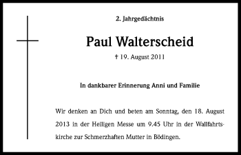 Anzeige von Paul Walterscheid von Kölner Stadt-Anzeiger / Kölnische Rundschau / Express