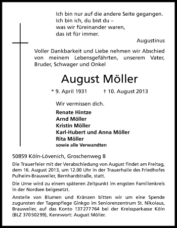 Anzeige von August Möller von Kölner Stadt-Anzeiger / Kölnische Rundschau / Express