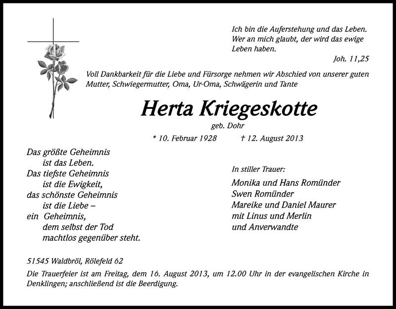  Traueranzeige für Herta Kriegeskotte vom 14.08.2013 aus Kölner Stadt-Anzeiger / Kölnische Rundschau / Express