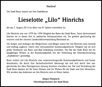Anzeige von Lieselotte Hinrichs von Kölner Stadt-Anzeiger / Kölnische Rundschau / Express