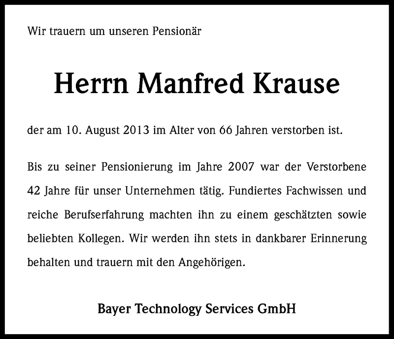  Traueranzeige für Manfred Krause vom 14.08.2013 aus Kölner Stadt-Anzeiger / Kölnische Rundschau / Express
