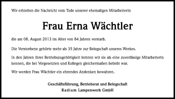 Anzeige von Erna Wächtler von Kölner Stadt-Anzeiger / Kölnische Rundschau / Express