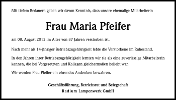 Anzeige von Maria Pfeifer von Kölner Stadt-Anzeiger / Kölnische Rundschau / Express