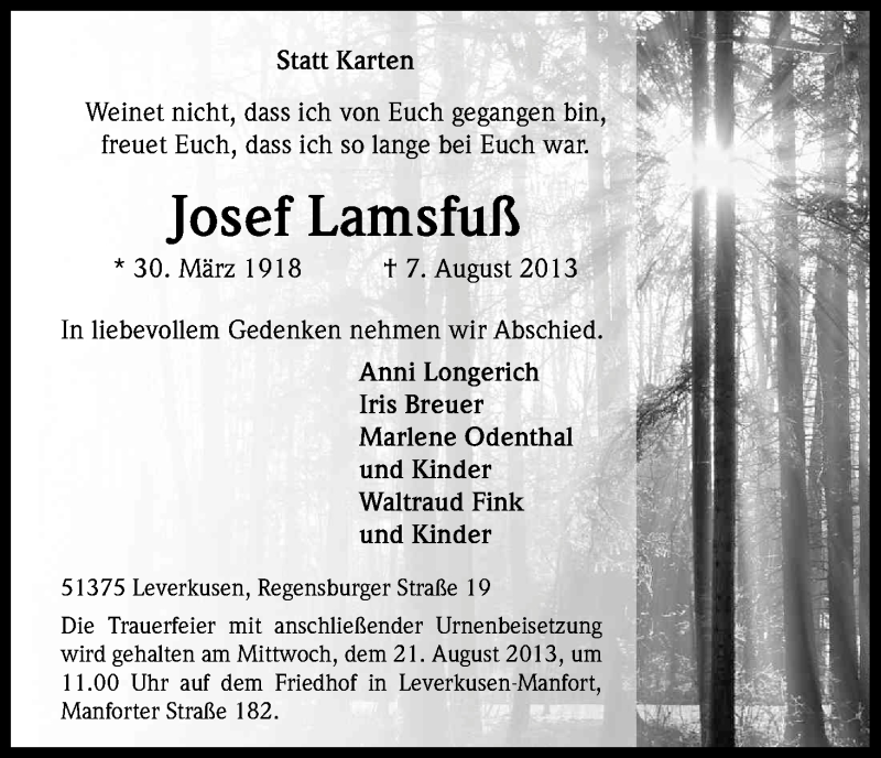  Traueranzeige für Josef Lamsfuß vom 15.08.2013 aus Kölner Stadt-Anzeiger / Kölnische Rundschau / Express