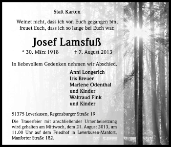 Anzeige von Josef Lamsfuß von Kölner Stadt-Anzeiger / Kölnische Rundschau / Express