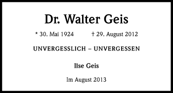 Anzeige von Walter Geis von Kölner Stadt-Anzeiger / Kölnische Rundschau / Express