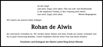 Anzeige von Rohan de Alwis von Kölner Stadt-Anzeiger / Kölnische Rundschau / Express