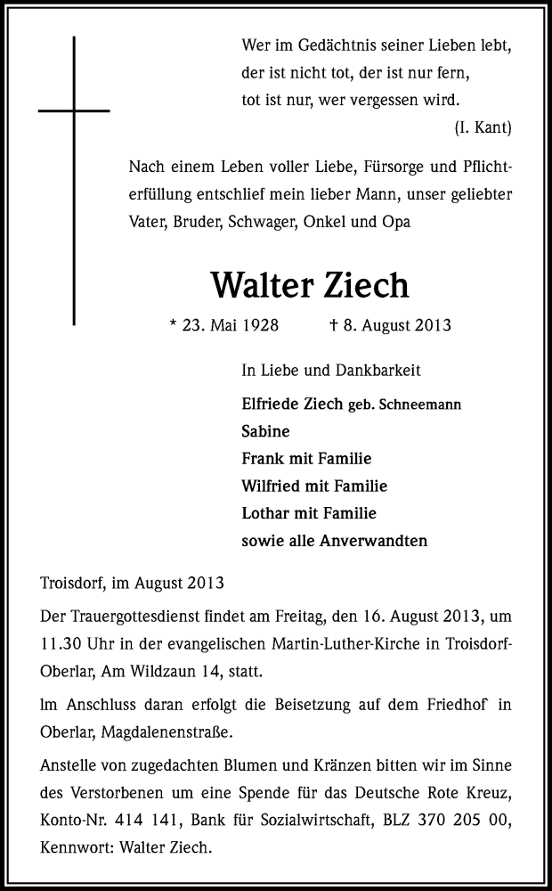  Traueranzeige für Walter Ziech vom 14.08.2013 aus Kölner Stadt-Anzeiger / Kölnische Rundschau / Express