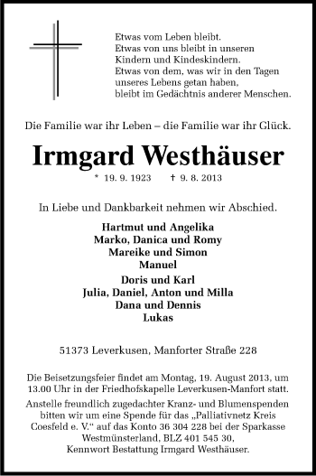Anzeige von Irmgard Westhäuser von Kölner Stadt-Anzeiger / Kölnische Rundschau / Express