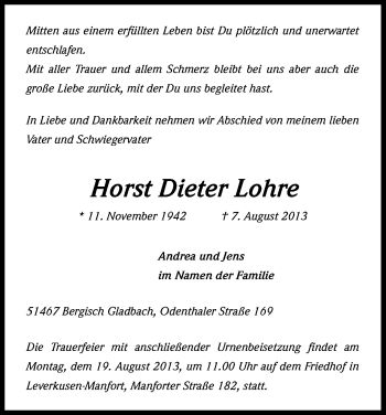 Anzeige von Horst Dieter Lohre von Kölner Stadt-Anzeiger / Kölnische Rundschau / Express