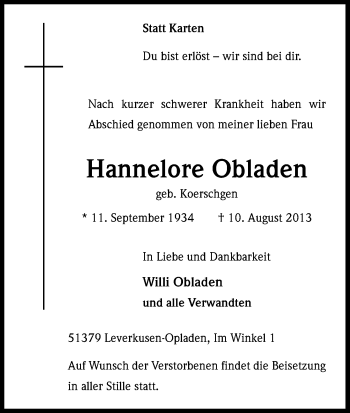 Anzeige von Hannelore Obladen von Kölner Stadt-Anzeiger / Kölnische Rundschau / Express