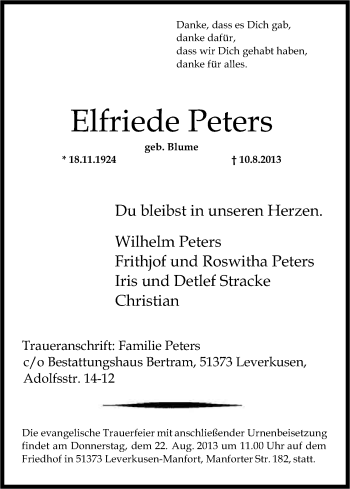 Anzeige von Elfriede Peters von Kölner Stadt-Anzeiger / Kölnische Rundschau / Express