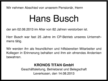 Anzeige von Hans Busch von Kölner Stadt-Anzeiger / Kölnische Rundschau / Express