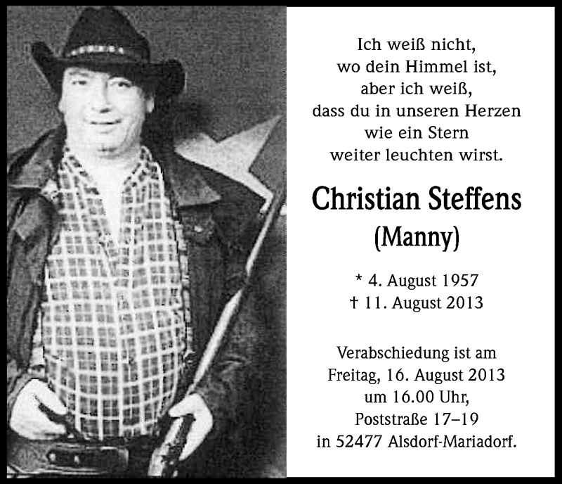  Traueranzeige für Christian Steffens vom 14.08.2013 aus Kölner Stadt-Anzeiger / Kölnische Rundschau / Express