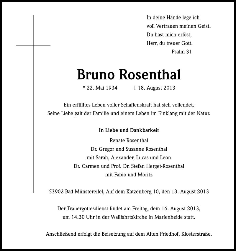  Traueranzeige für Bruno Rosenthal vom 15.08.2013 aus Kölner Stadt-Anzeiger / Kölnische Rundschau / Express