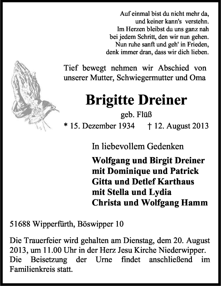  Traueranzeige für Brigitte Dreiner vom 15.08.2013 aus Kölner Stadt-Anzeiger / Kölnische Rundschau / Express