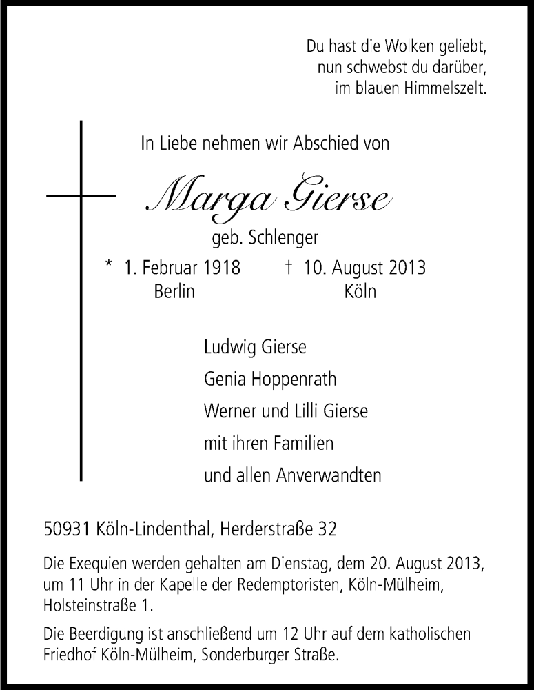  Traueranzeige für Marga Gierse vom 17.08.2013 aus Kölner Stadt-Anzeiger / Kölnische Rundschau / Express