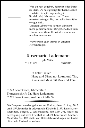 Anzeige von Rosemarie Lademann von Kölner Stadt-Anzeiger / Kölnische Rundschau / Express