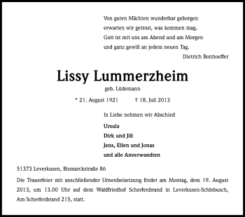 Anzeige von Lissy Lummerzheim von Kölner Stadt-Anzeiger / Kölnische Rundschau / Express