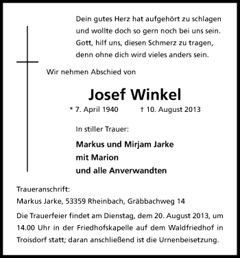 Anzeige von Josef Winkel von Kölner Stadt-Anzeiger / Kölnische Rundschau / Express