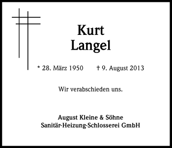 Anzeige von Kurt Langel von Kölner Stadt-Anzeiger / Kölnische Rundschau / Express