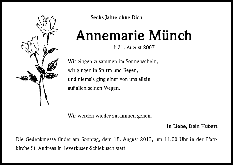  Traueranzeige für Annemarie Münch vom 17.08.2013 aus Kölner Stadt-Anzeiger / Kölnische Rundschau / Express