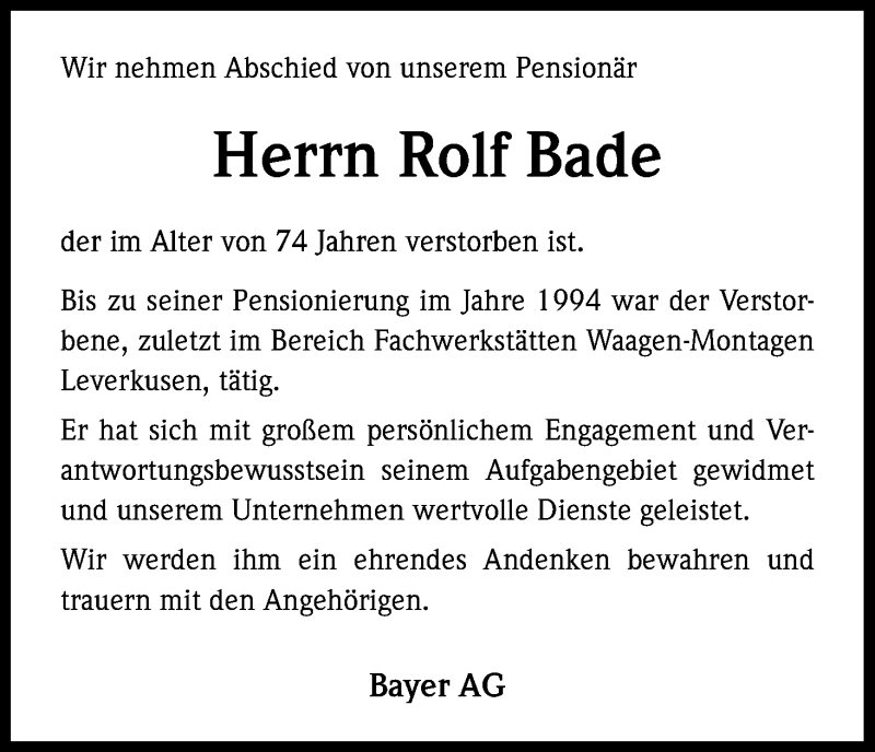  Traueranzeige für Rolf Bade vom 16.08.2013 aus Kölner Stadt-Anzeiger / Kölnische Rundschau / Express