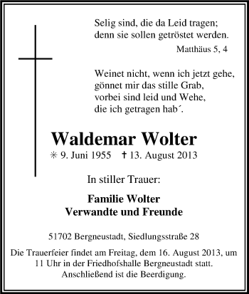 Anzeige von Waldemar Wolter von Kölner Stadt-Anzeiger / Kölnische Rundschau / Express