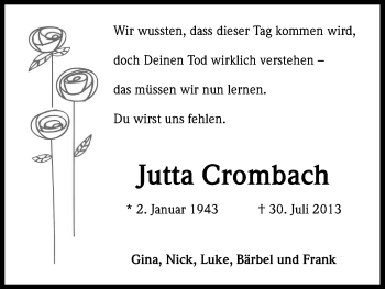 Anzeige von Jutta Crombach von Kölner Stadt-Anzeiger / Kölnische Rundschau / Express