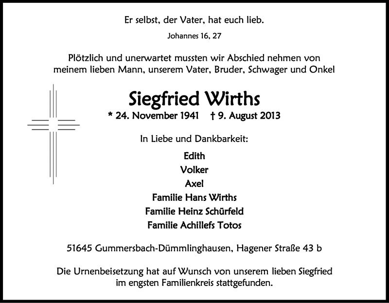  Traueranzeige für Siegfried Wirths vom 16.08.2013 aus Kölner Stadt-Anzeiger / Kölnische Rundschau / Express
