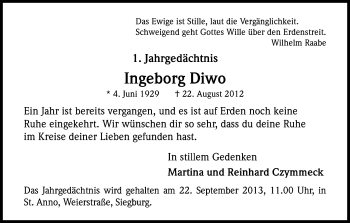 Anzeige von Ingeborg Diwo von Kölner Stadt-Anzeiger / Kölnische Rundschau / Express