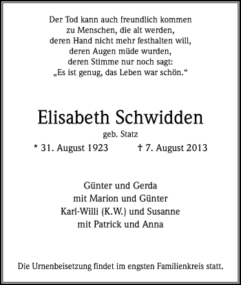Anzeige von Elisabeth Schwidden von Kölner Stadt-Anzeiger / Kölnische Rundschau / Express