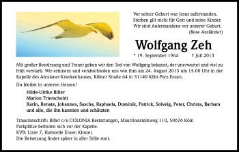 Anzeige von Wolfgang Zeh von Kölner Stadt-Anzeiger / Kölnische Rundschau / Express
