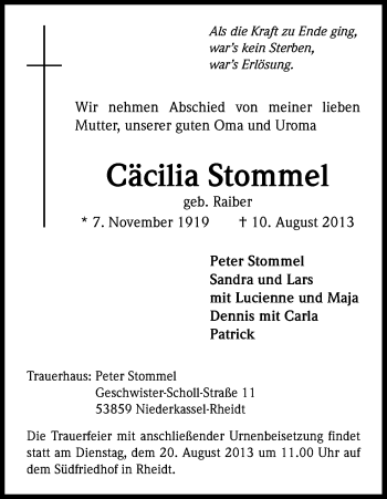 Anzeige von Cäcilia Stommel von Kölner Stadt-Anzeiger / Kölnische Rundschau / Express