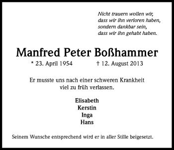 Anzeige von Manfred Peter Boßhammer von Kölner Stadt-Anzeiger / Kölnische Rundschau / Express