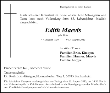 Anzeige von Edith Maevis von Kölner Stadt-Anzeiger / Kölnische Rundschau / Express