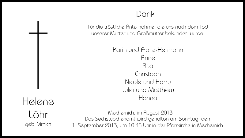  Traueranzeige für Helene Löhr vom 24.08.2013 aus Kölner Stadt-Anzeiger / Kölnische Rundschau / Express