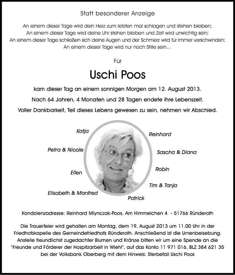  Traueranzeige für Uschi Poos vom 15.08.2013 aus Kölner Stadt-Anzeiger / Kölnische Rundschau / Express
