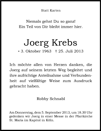 Anzeige von Joerg Krebs von Kölner Stadt-Anzeiger / Kölnische Rundschau / Express
