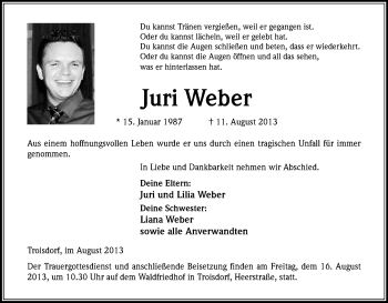 Anzeige von Juri Weber von Kölner Stadt-Anzeiger / Kölnische Rundschau / Express
