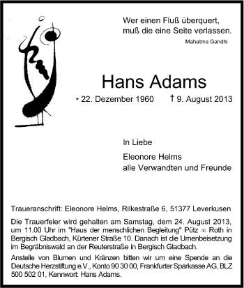 Anzeige von Hans Adams von Kölner Stadt-Anzeiger / Kölnische Rundschau / Express