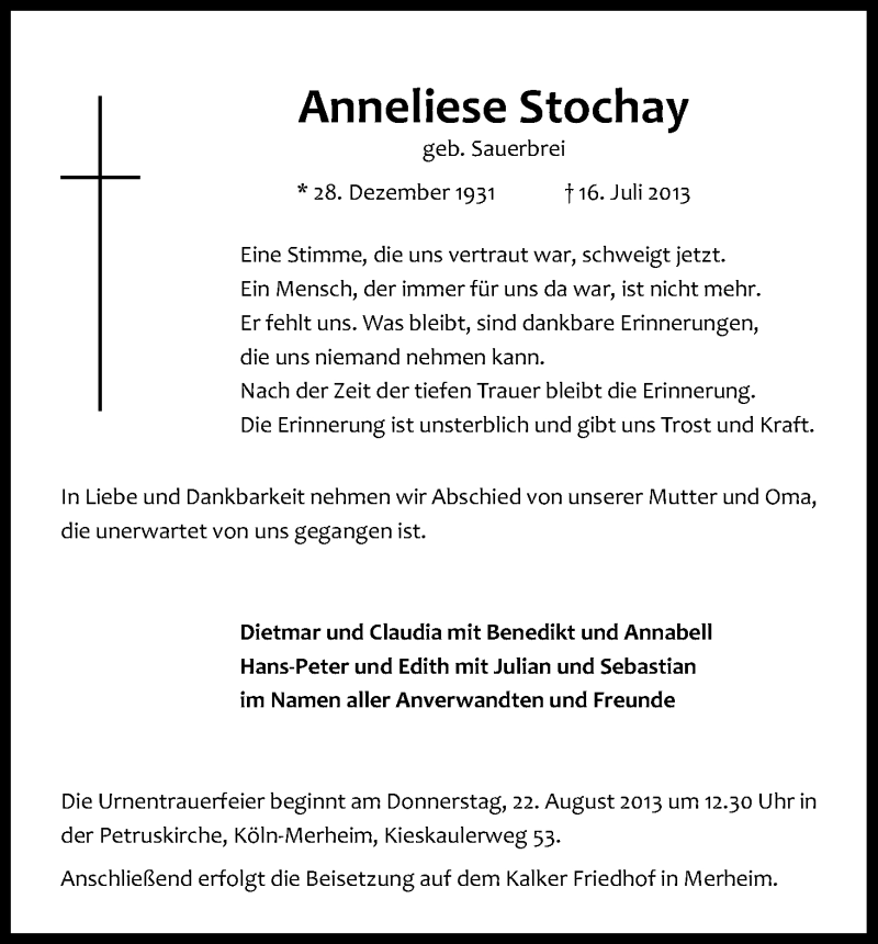  Traueranzeige für Anneliese Stochay vom 17.08.2013 aus Kölner Stadt-Anzeiger / Kölnische Rundschau / Express