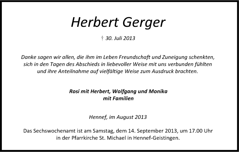  Traueranzeige für Herbert Gerger vom 17.08.2013 aus Kölner Stadt-Anzeiger / Kölnische Rundschau / Express